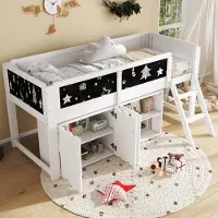 Ropilly Kinderkamerbed 90x200 cm, gemaakt van grenen, MDF en multiplex, wit hoogslaper met een opbergkast met dubbele deuren en een whiteboard voor kinderkamers