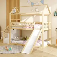 Ropilly Kinderbed 90x200 cm van hout met glijbaan en opbergruimte, hoge bescherming tegen uitvallen, inclusief lattenbodem, natuurlijke kleur voor de kinderkamer