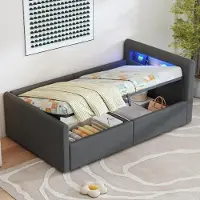 Ropilly Kindbed met gestoffeerde zijkanten, 90x200 cm, met LED-verlichting, nachtlampje, USB-oplaadpoort, plank en hydraulische opbergruimte, bekleed met fluweelstof in donkergrijs