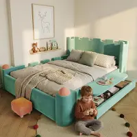 Ropilly Boxspringbed 140x200 cm, blaugroen, van Franse fluweel, met opbergruimte in een lade en een opklapbaar nachtkastje, geschikt voor de slaapkamer