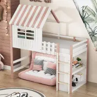 Ropilly Kinderbed 90x200 cm, huisvorm met dak, massief houten kinderbed, roze, met veiligheidsladder, lattenbodem en opbergruimte voor de kinderkamer