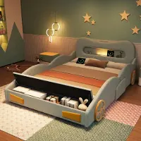 Ropilly Babybed 140 x 200 cm, groen autobed van flanel met leeslamp, aansluiting voor opladen en een opbergruimte aan het voeteneinde