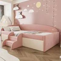 Ropilly Kindercamperbed 90x190 cm met treden en zijhekken, roze crème-witte multifunctionele bed voor kinderkamers, gemaakt van huidvriendelijke fluweelstof