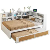 Ropilly Holz slaapbank 140x200 met uitschuifbed 90x190, multifunctionele bed in wit met laadpoort en veel opbergruimte, gemaakt van beuken