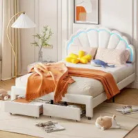 INONEFT Kinderbed, gestoffeerd bed 140x200 cm met LED-verlichting, tweepersoonsbed met hoofdeinde in bloemvorm en lattenbodem, tienerbed met lade, fluweel, wit
