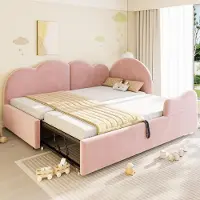 Ropilly Boxspringbed met uitschuifbaar bed, 90x200 + 90x190 cm, L-vormige slaapbank van fluweel in roze met een wolkvormig hoofdeinde, geschikt voor kinderkamers of logeerkamers