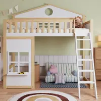 Ropilly Stapelbed van 90x200 cm, gemaakt van grenen en MDF, met trap. Huisbed met dak en ramen, kinderbed in wit en naturel voor kinderkamers