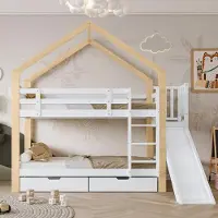 Ropilly Stapelbed met glijbaan, 90x200 cm, gemaakt van massief hout en MDF, met een omheining ter bescherming tegen vallen, een drietraps schuine trap en 2 lades
