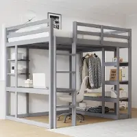 Ropilly Hoogslaper 140x200 cm van massief hout in grijs, met ladder, bureau, planken en kledingroede. Een ruimtebesparend bed voor tieners