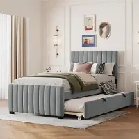 Ropilly Bed met stoffen bekleding, 90x190 cm, met uitschuifbaar bed, kinderbed van fluweelstof in grijs, met een verticaal hoofdeinde en een lattenbodem, geschikt voor een kinderkamer