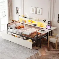 Ropilly Metalen slaapbank 90x200 cm in wit, met LED-verlichting, 2 lades, een multifunctioneel stopcontact, een uitschuifbaar bureau en een zachte rugleuning