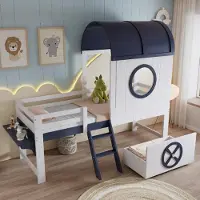 Ropilly Halfhoog kinderbed met frame, 90x200 cm, wit en donkerblauw. Gemaakt van 100% dennenhout, MDF en multiplex, met lade en dak, geschikt voor de slaapkamer