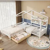 Ropilly Kinderbed, type huisbed, met lades en planken, verkrijgbaar in de maten 90x200 cm en 140x70 cm, gemaakt van massief hout, met omheining en lattenbodem, in een L-vorm, kleur wit