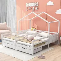 Ropilly Bedframe voor een kinderbed, 200x90 cm, wit, gemaakt van grenen en MDF, met 2 lades op wielen en een beschermingsrek, geschikt voor de slaapkamer