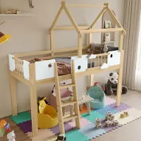 Ropilly Hoogslaper 90x200 cm, wit, naturel, gemaakt van grenenhout, MDF en multiplex, met een dakontwerp en valbeveiliging, geschikt voor kinderkamers