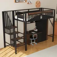 Ropilly Metaal hoogslaper 90x200 cm, zwart, met veiligheidsomranding, raamdesign, veiligheidsladder en opbergruimte in de treden