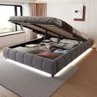 Ropilly Boxspringbed 140x200 cm zonder hoofdeinde, met LED-verlichting, hydraulisch bedframe met opbergruimte, fluweelstof in grijs, geschikt voor een slaapkamer