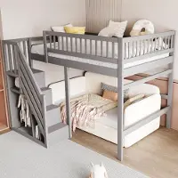 Ropilly Hoogslaper 140x200 cm van hout in grijs, met een trap met opbergruimte en een hoge spijlen, geschikt als kinderbed of tienerbed voor de slaapkamer
