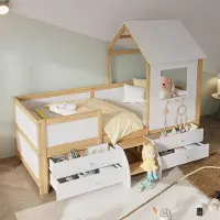 Ropilly Kinderbed 90x200 cm, halfhoog huisbed met dak en ramen, gemaakt van grenenhout, MDF en multiplex, met 4 lades en een kleine trap, wit en naturel