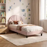 INONEFT Gestoffeerd bed 90x200 cm met hoofdeinde in bloemenmotief, eenpersoonsbed voor kinderen met lattenbodem, kinderbed van fluweel, roze