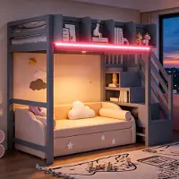 Ropilly Hoogslaper van 90x200 cm, gemaakt van hout in de kleur grijs, met veiligheidsspijlen, opbergvakken, LED-verlichting en een zijtrap, geschikt voor kinderkamers en tienerkamers