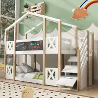 Ropilly Stapelbed 90x200 cm, kinderbed in de vorm van een boomhuis, met trap, opbergruimte, valbeveiliging en 2 lattenbodems, gemaakt van massief grenenhout en spaanplaat, kleur: wit, naturel