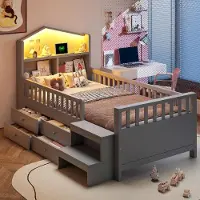 Ropilly Kinderbed 90x200 cm met veiligheidsspijlen, vier lades, LED-verlichting en USB/Type-C poorten, massief houten bed met lattenbodem en trap, in de kleur grijs