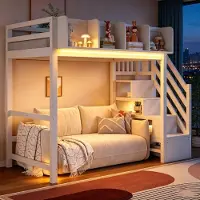 Ropilly Hoogslaper 90x200 cm van hout met veiligheidsspijlen, LED-verlichting, legplanken en een zijtrap, wit/grijs, geschikt voor kinderkamers