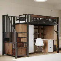 Ropilly Metaal hoogslaper 90x200 cm, zwart, met trap en opbergruimte, veiligheidshek met raamdesign, hoogslaper van metaal en hout