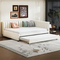 Ropilly Polsterbed 140x200 cm, geschikt als uitslaapbank, fluweelbed in beige kleur met lattenbodem en uitschuifbaar bed, dagbed in mid-century modern design