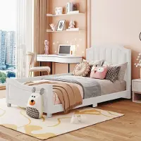 Ropilly Kinderbed 90x200 cm, bekleed met flanellen stof, met rugleuning en armleuningen, slaapbank voor kinderen met 12 houten latten, in beige kleur