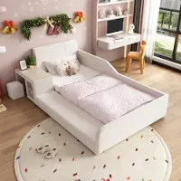 Ropilly Kinderbed met kussenbodem, 90x200 cm, met bureau en krukje, wit fluweelbed met zachte rugleuning en opbergplank voor de kinderkamer
