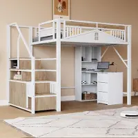 Ropilly Metaal hoogslaper 140x200 cm in wit, met trap en opbergruimte, veiligheidshek met raamdesign, verhoogd slaapgedeelte voor kinderkamers