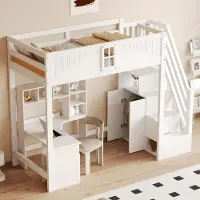 Ropilly Hoogslaper 90x200 cm van massief hout in wit, met raam, zijdelingse opbergladder die links of rechts kan worden gemonteerd, multifunctioneel kinderbed