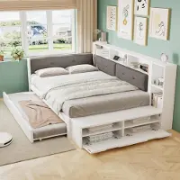 Ropilly Jeugdbed 120x200 cm van hout met uitschuifbaar bed van 90x190 cm, bekleed hoofdeinde, zijdelingse open vakken, schoenenkast met opbergruimte en ladefunctie