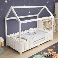 Ropilly Bedframe met bedbodem, 90x200 cm, met valbeveiliging, wit, gemaakt van grenenhout en MDF, geschikt voor de slaapkamer
