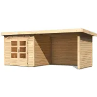 Karibu Woodfeeling tuinhuis Kandern 7, in een set met een uitbouw, breedte 2,95 meter, zij- en achterwanden van 28 mm, onbehandeld hout; artikelnummer 83004