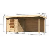Karibu Houten blokkenhuis Bastrup, in natuurlijke staat, in een set met een aanbouwdak, 3 meter breed, 28 mm dikke achterwand
