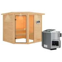 Karibu Woodfeeling Sauna Tabea (met instap aan de zijkant), volledig glazen deur, bronskleurig, 9 kW oven met externe bediening, eenvoudig in gebruik
