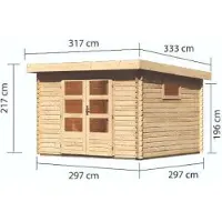 Karibu Houten blokkenhuis Trittau 3, in natuurlijke staat, in een set met een aanbouwdak van 3,3 meter