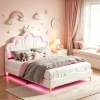 INONEFT Kinderbed 140x190 cm, gestoffeerd bed met lederen bekleding, prinsessenbed met een kroonvormig hoofdeinde, jeugdbed, eenpersoonsbed met lattenbodem, Polyurethanmateriaal, wit