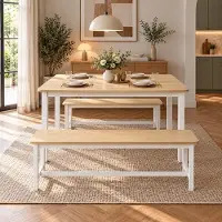 INONEFT Eettafel met 2 banken, 3-delige eettafelsset, keukentafel 110x60x76 cm, 2 banken van elk 97x20x44 cm, stalen frame, geschikt voor keuken en eetkamer