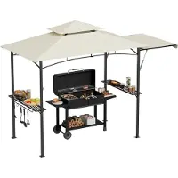 QEENTOE grillpaviljoen met zijmarkiezen, dubbel dak, 2 zijplanken en haken, waterdichte grilloverkapping, 245x141x253 cm, beige