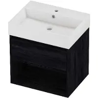 Proline Zara Badmeubel 60x46cm - 1 Lade Met Schap - Greeploos - Wastafel Midden Glans Wit - 1 Kraangat - Black Oak - Badkamermeubels, Badmeubel Sets