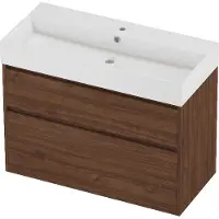 Proline Zara Badmeubel In Kader 100x46cm - 2 Laden Asymmetrisch - Greeploos - Wastafel Midden Glans Wit - 1 Kraangat - Indian Walnut
