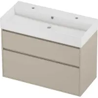 Proline Zara Badmeubel In Kader 100x46cm - 2 Laden Asymmetrisch - Greeploos - Wastafel Midden Glans Wit - 2 Kraangaten - Soft Linen - Badkamermeubels,