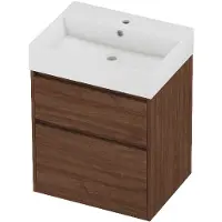 Proline Zara Badmeubel In Kader 60x46cm - 2 Laden Asymmetrisch - Greeploos - Wastafel Midden Glans Wit - 1 Kraangat - Indian Walnut - Badkamermeubels,