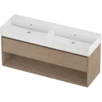Proline Zara Badmeubel 140x46cm - 1 Lade Met Schap - Greeploos - Wastafel Dubbel Glans Wit - Zonder Kraangat - Ideal Oak - Badkamermeubels, Badmeubel