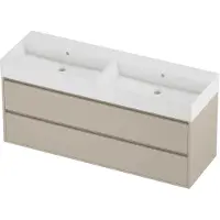 Proline Zara Badmeubel In Kader 140x46cm - 2 Laden Symmetrisch - Greeploos - Wastafel Dubbel Glans Wit - Zonder Kraangat - Soft Linen