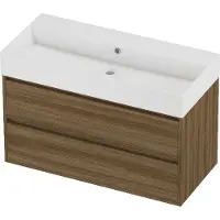 Proline Zara Badmeubel In Kader 100x46cm - 2 Laden Symmetrisch - Greeploos - Wastafel Midden Glans Wit - Zonder Kraangat - Caramel Walnut
